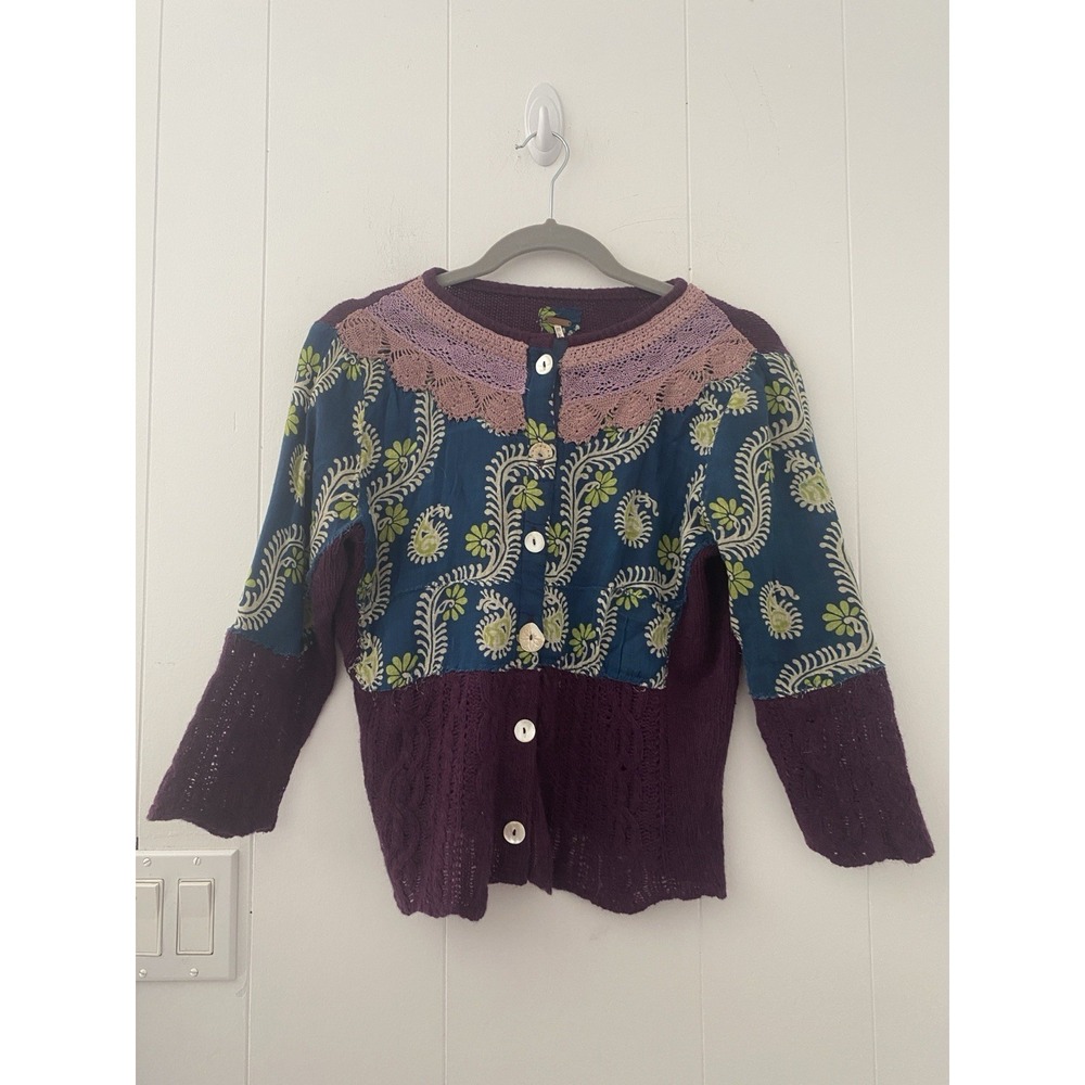 Free People Knit Crochet Mixed Media Button Front Cardigan Purple Blue Wool Sz M